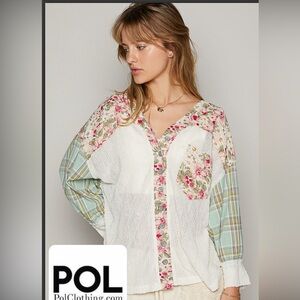 POL Floral Patchwork Lace/Plaid ButtonUp Shacket Hoodie Boho Cottage Core fairy